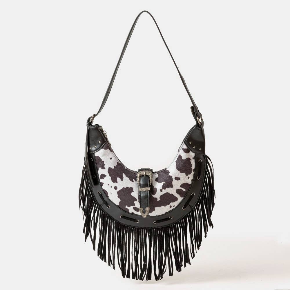 Cow Print Fringe Hobo Bag