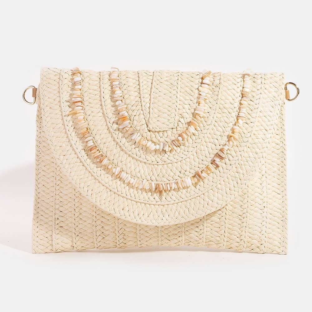 Shell Beaded Accent Paper Woven Envelope Clutch Bag: TA