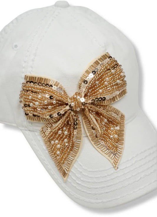 Bejeweled Bow Pearl Bling Glitz Ponytail Cap, Adjustable