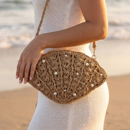 Pearl Beaded Straw Crochet Shell Bag