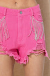 Distressed Denim Rhinestone Fringe Shorts