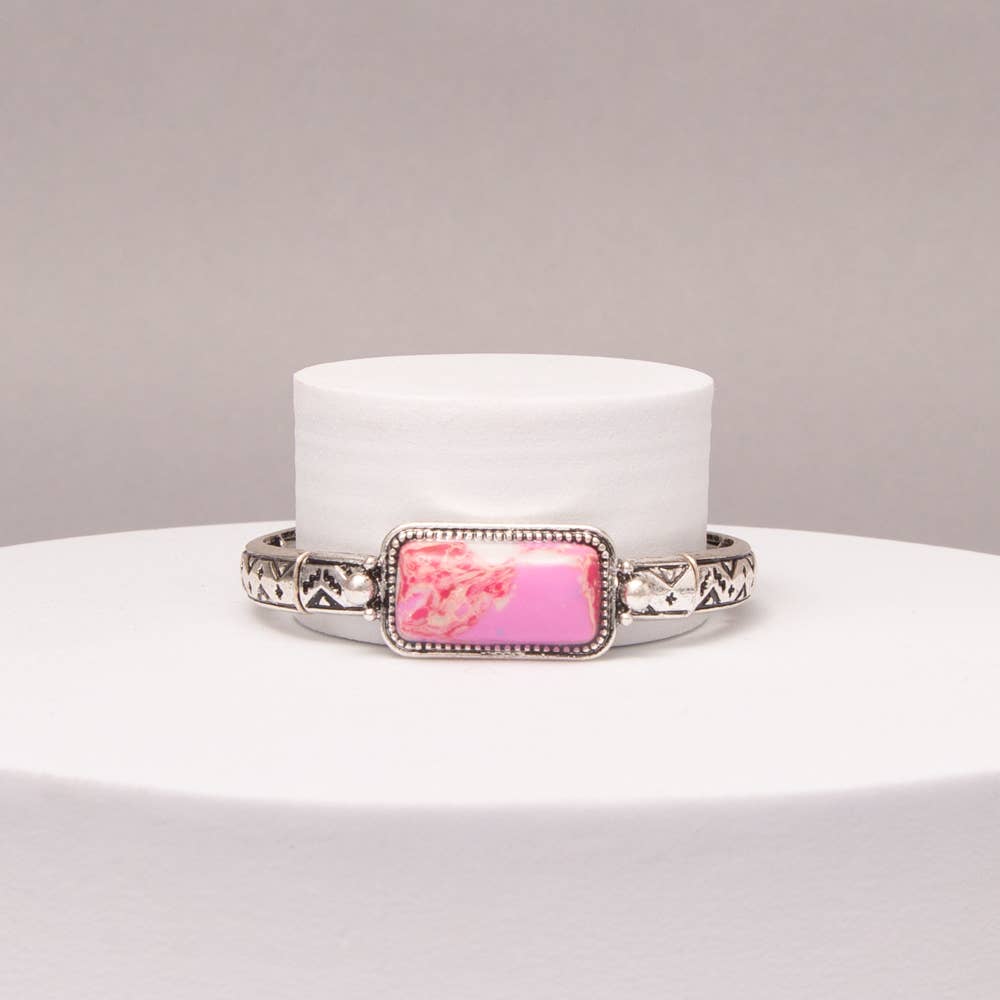 Western Rectangle Stone Bar Stretch Bracelet : Fuchsia