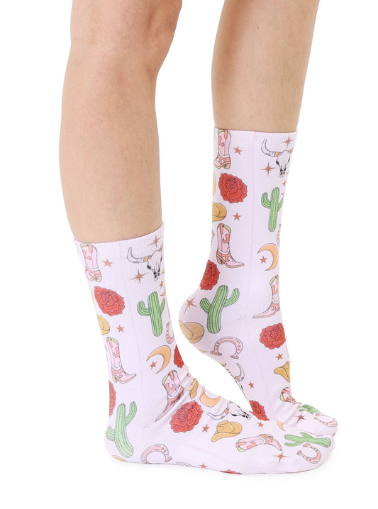Novelty Graphic Crew Socks - Cowgirl Whimsy - Pink