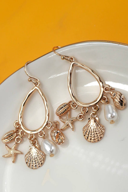 TEARDROP DANGLE CHARM EARRINGS-SHELL STAR FISH | 80E61174: GOLD