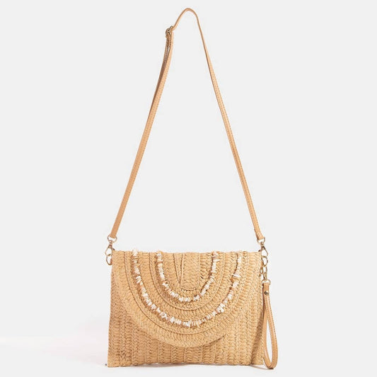 Shell Beaded Accent Paper Woven Envelope Clutch Bag: TA