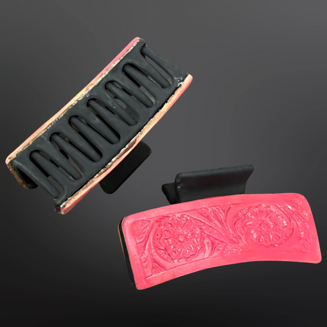 Pink Tooled Leather Claw Hair Clip Western Matte Black