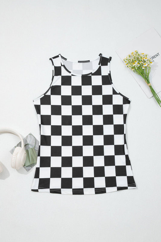 Black Checkerboard Printed Slim Tank Top: Black