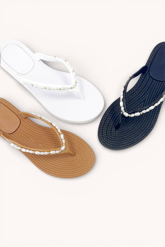 NINA-1 ELEGANT BRAIDED PEARL ACCENT WATERPROOF PVC SLIDE FLA: TAN