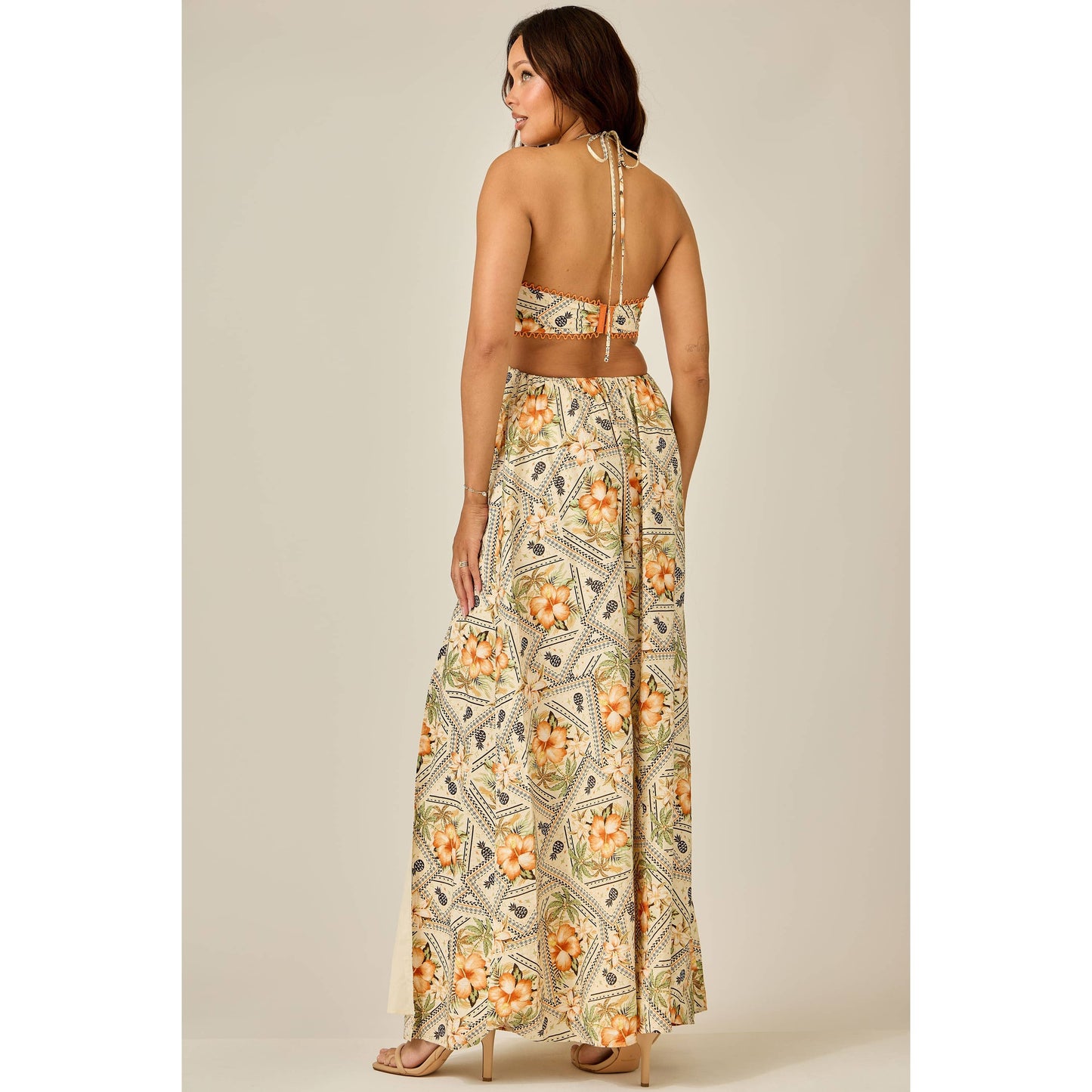 Tropical Cutout Maxi Dress: OFF WHITE COMBO / S