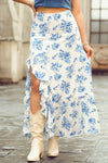 Boho Floral High Waist Ruffle Split Maxi Skirt