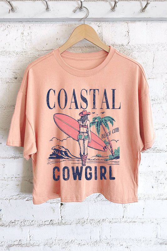 COASTAL COWGIRL BEACH CLUB GRAPHIC LONG CROP TOP: Black