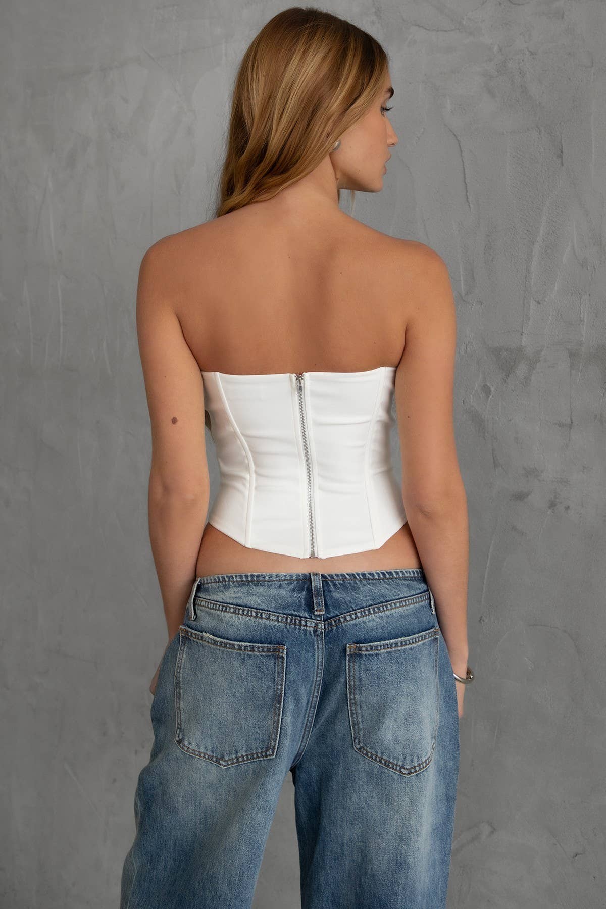 KARMEN Strapless Semi Sheer Bow Embellised Bustier Top: White
