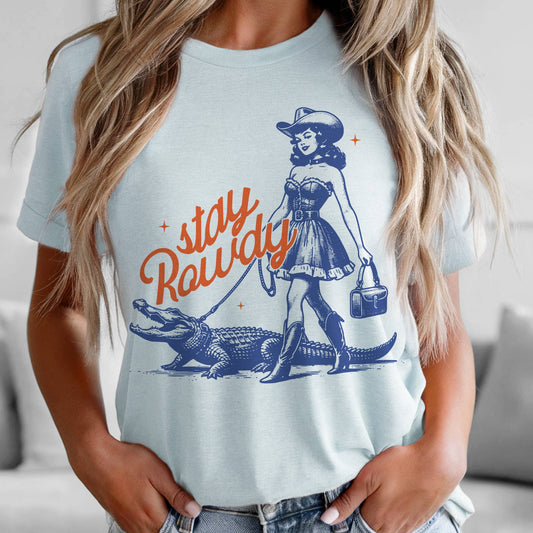 Western Stay Rowdy Retro Cowgirl Alligator Graphic Tee