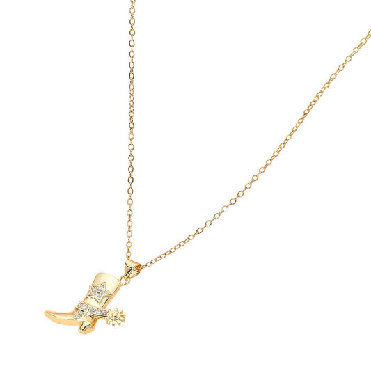Stainless Steel CZ Stone Paved Star Accent Cowboy Boot Charm Pendant Necklace: Gold
