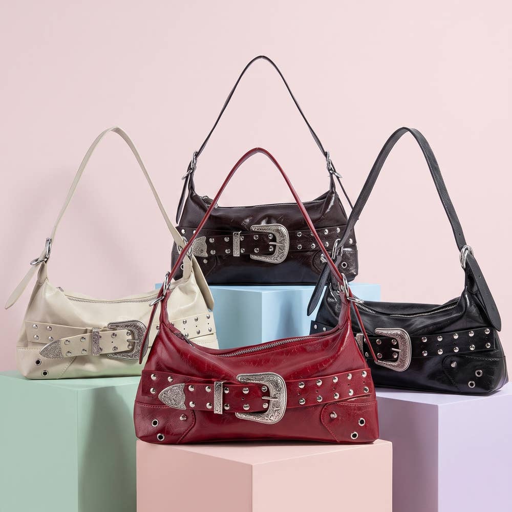 Studded Western Buckle Vegan Leather Shoulder Bag