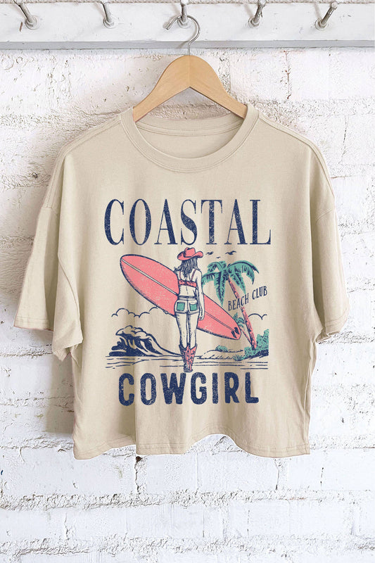 COASTAL COWGIRL BEACH CLUB GRAPHIC LONG CROP TOP: Black