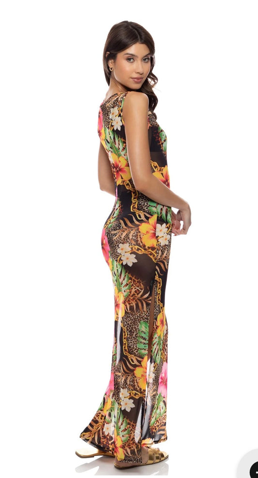 Hawaiian and leopard print TANK DRE-MULTI BLACK