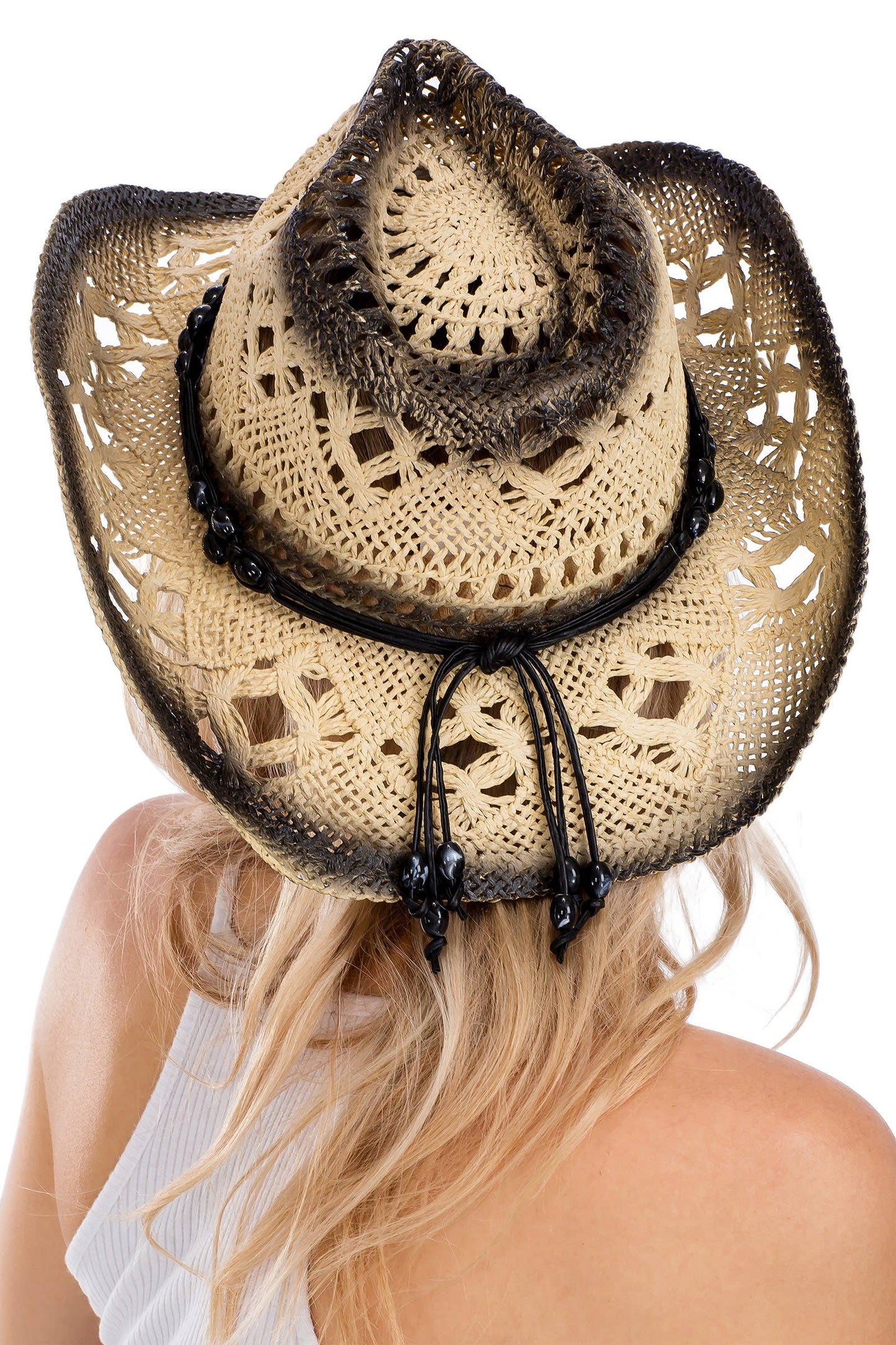 Lightly Beaded Vintage Burnt Crochet Straw Cowboy Hat: NATURAL/BLACK / ONE SIZE