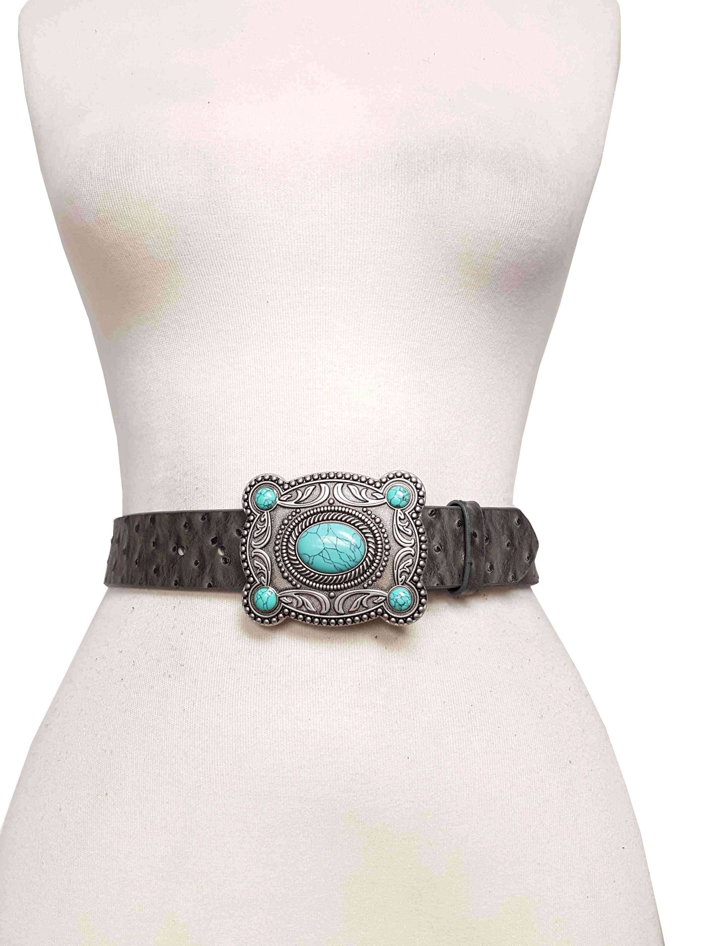 Western Silver Turquoise Buckle w. Ostrich Belt: Black / M/L