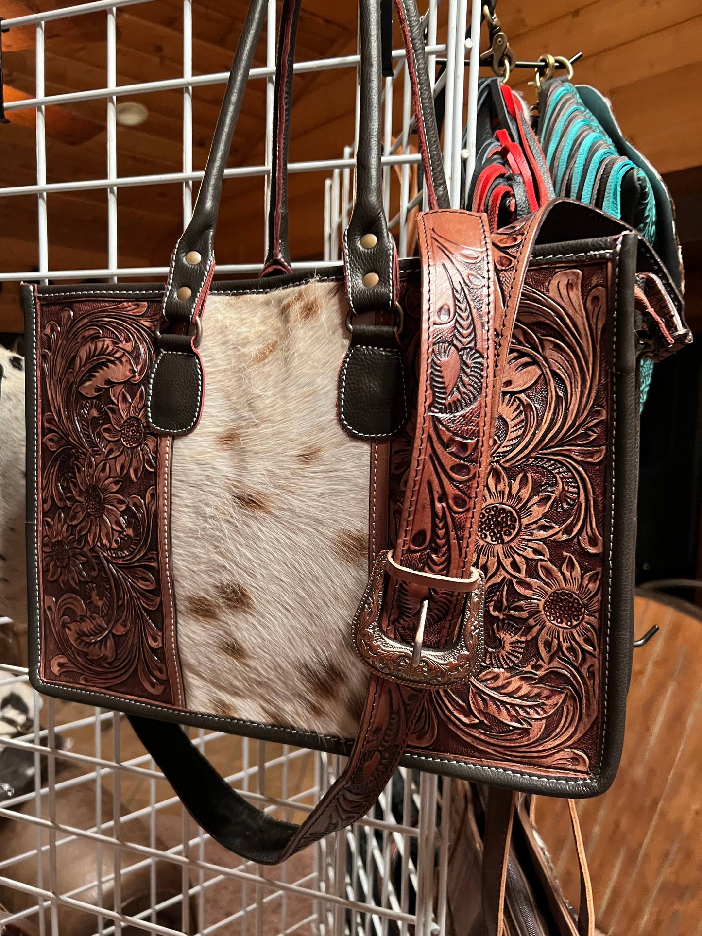 Sunflower Western Tooled Leather Cowhide Purse Tote Bag: Brown Sunflowers