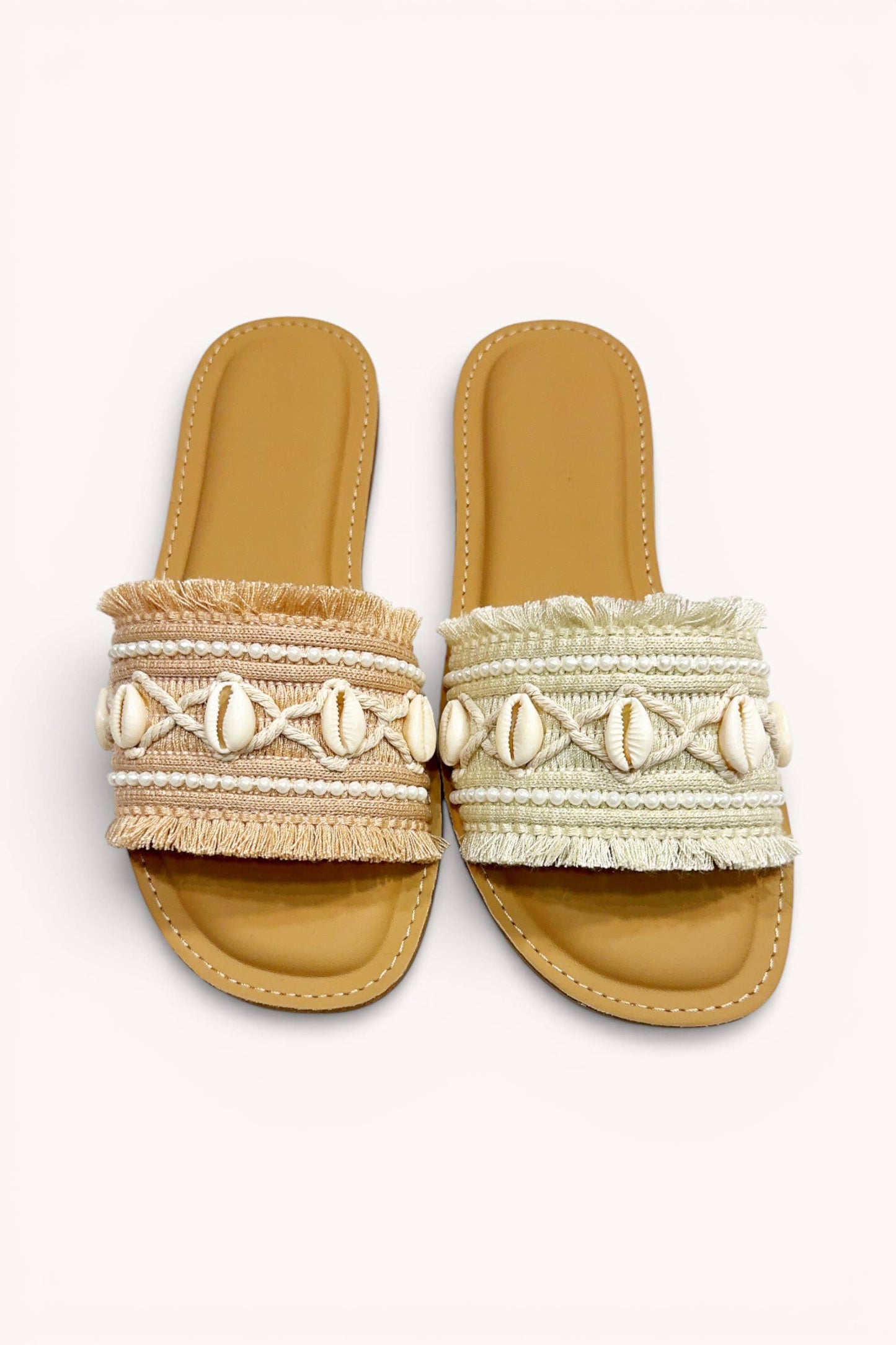 WOVEN FABRIC UPPER WITH EMBELLISHED BEADING DECOR: BEIGE