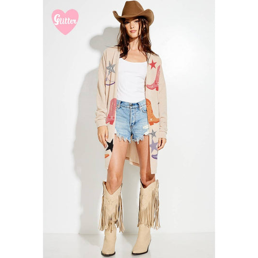 Cowgirl boots Glitter print Knit casual Cardigan