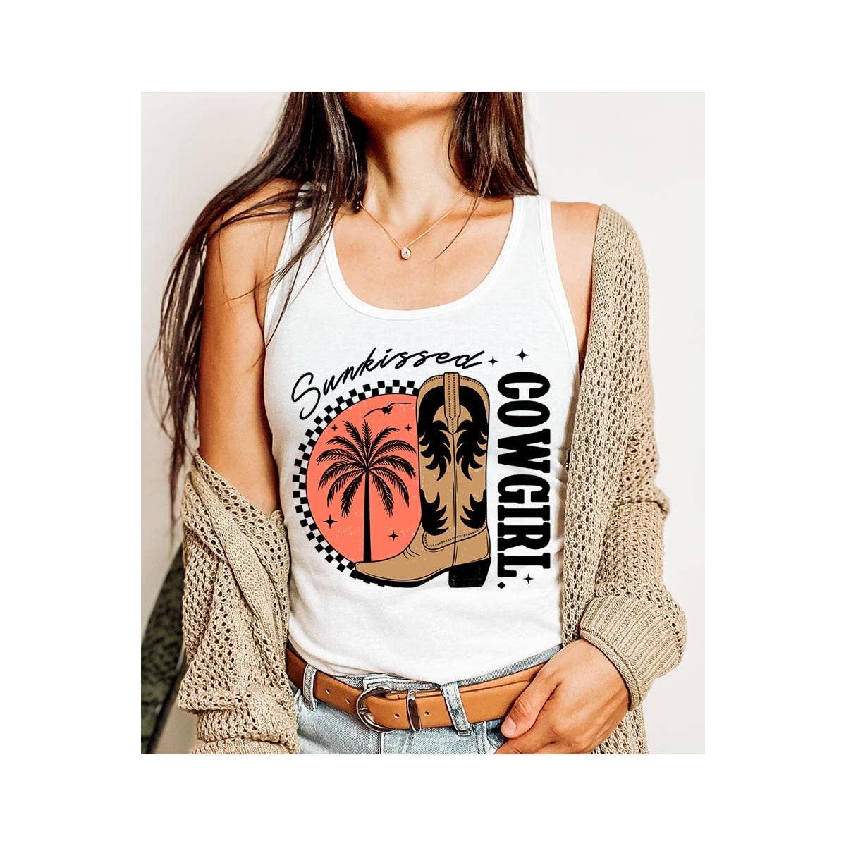 Sunkissed Cowgirl Graphic Racerback Tank Top