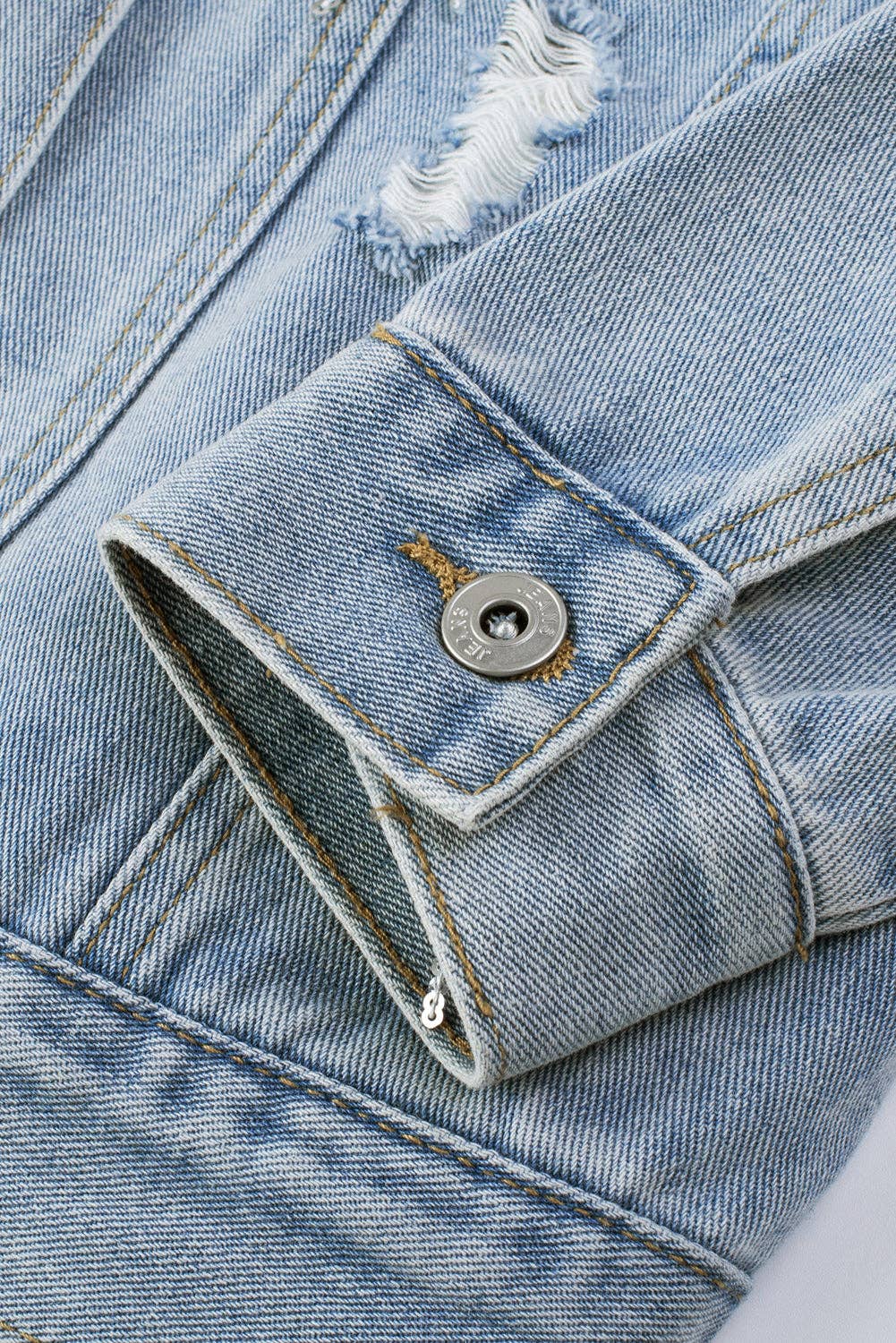 Sky Blue Sequin Embellished Fringe Distressed Denim Jacket: Sky Blue / 75%Cotton+12.7%Polyester+12.3%Viscose.