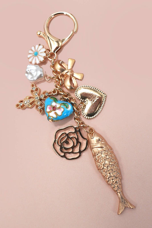 BAG CHARM-OCEAN PORCELAIN HEART FISH CROSS FLOWER | 80K064: Gold