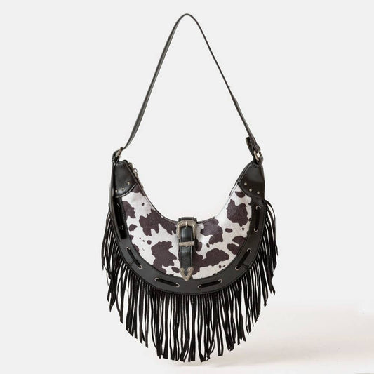 Cow Print  Fringe Hobo Bag