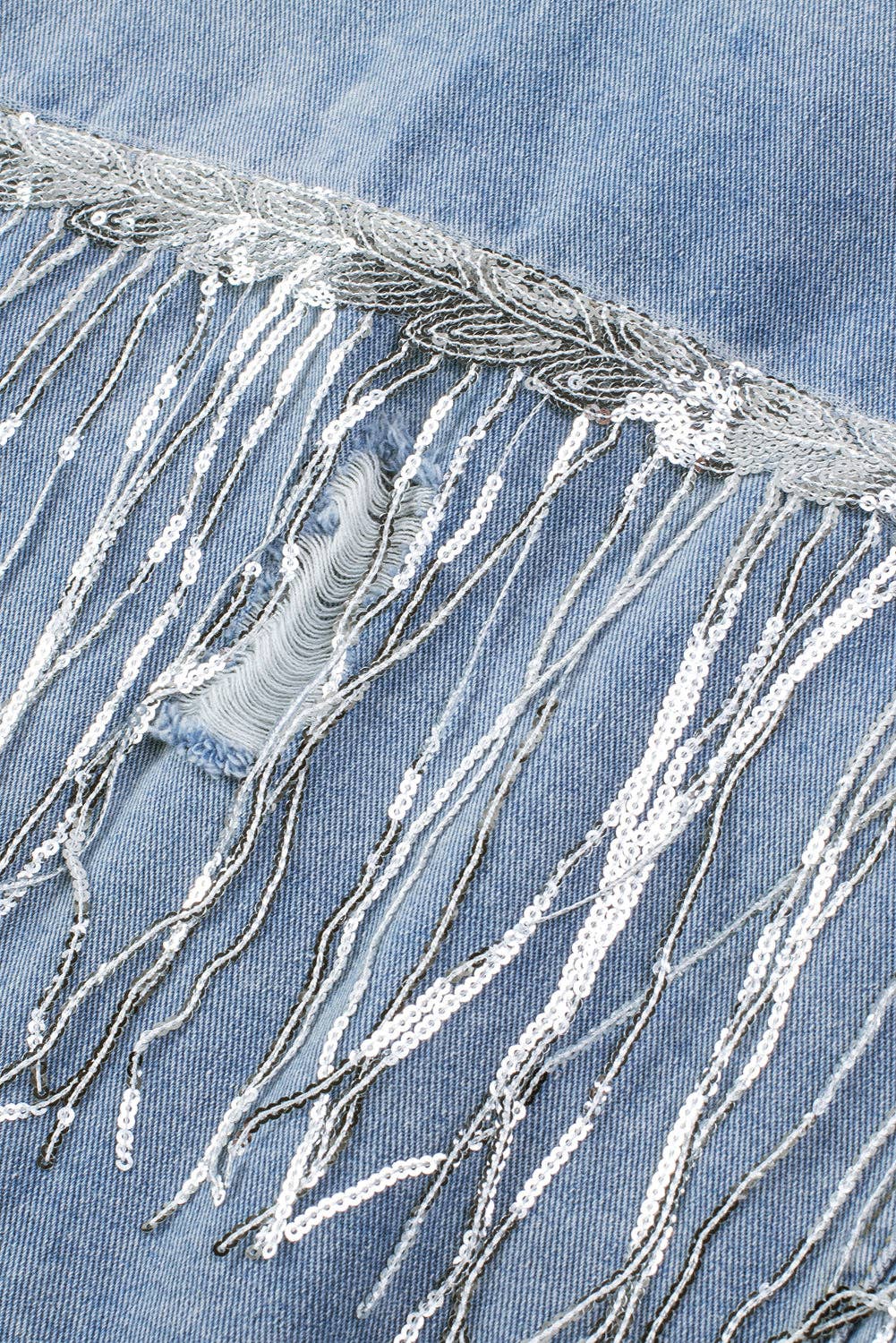 Sky Blue Sequin Embellished Fringe Distressed Denim Jacket: Sky Blue / 75%Cotton+12.7%Polyester+12.3%Viscose.