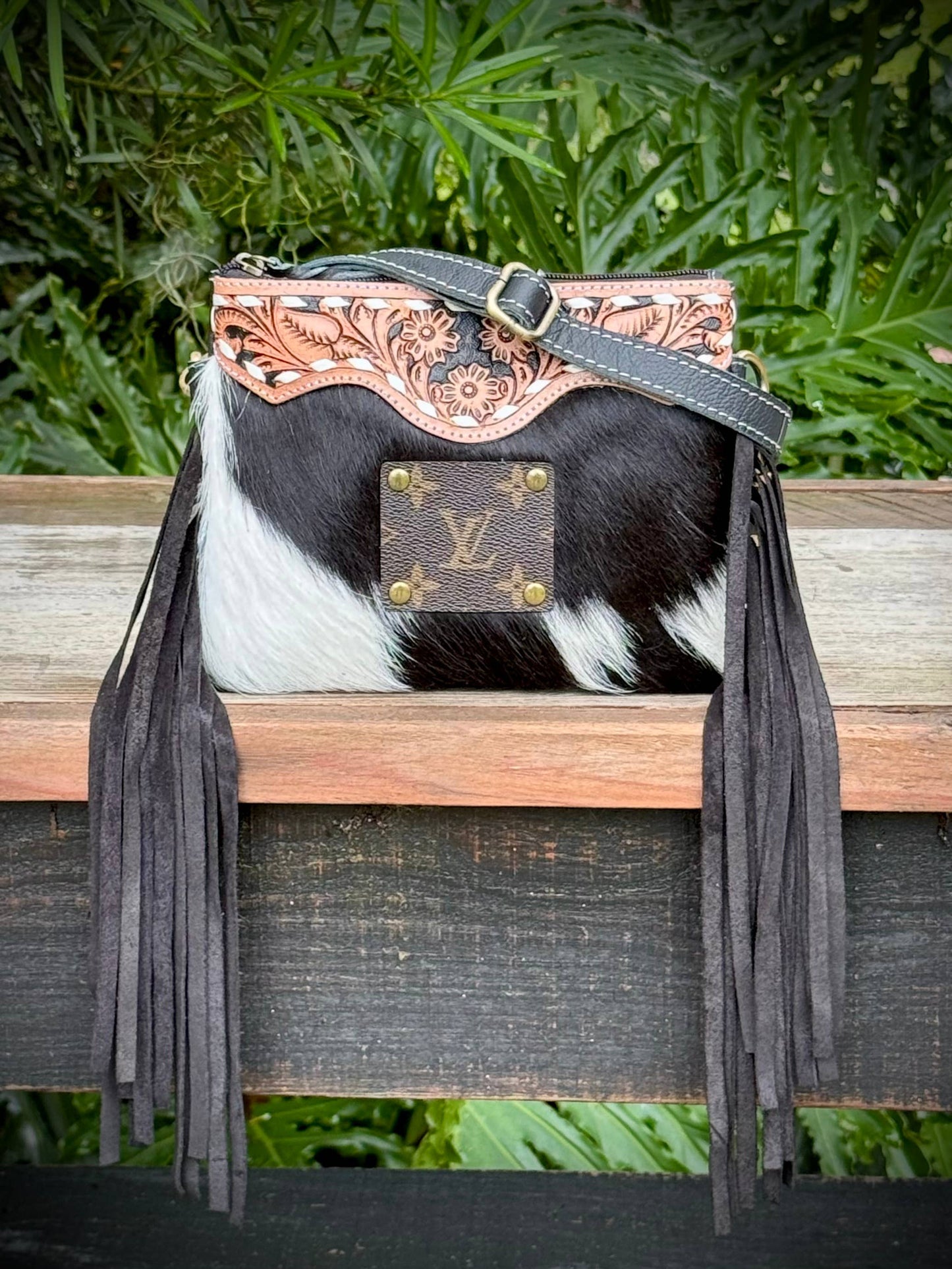 Upcycled LV Cowhide Leather Crossbody Wristlet Bag Western 
