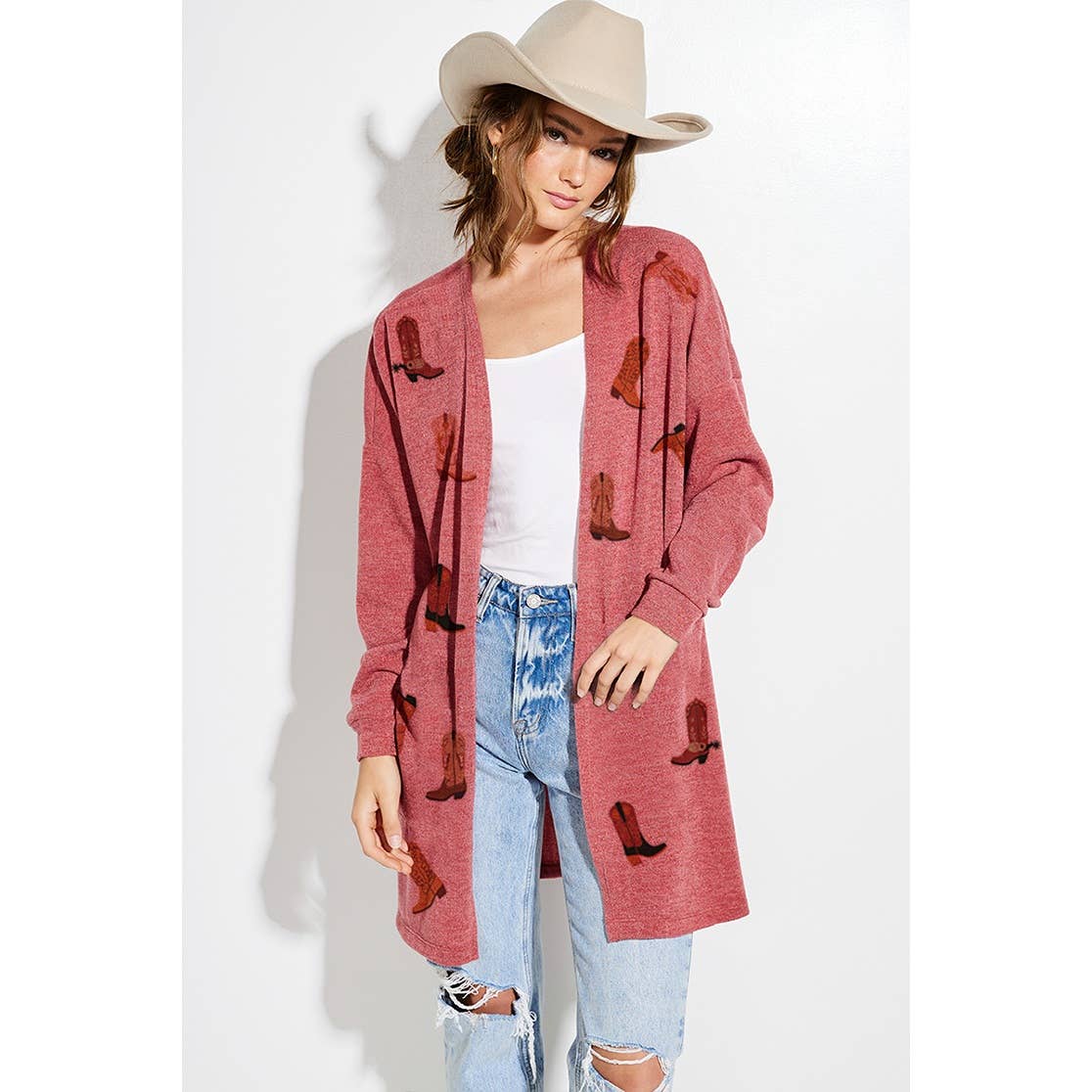 Cowgirl boots print Knit casual style Cardigan