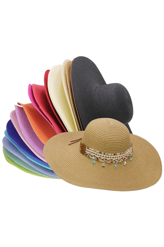 Blue Coastal Starfish Belt Floppy Straw Sun Hat