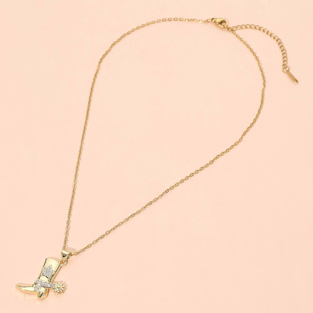 Stainless Steel CZ Stone Paved Star Accent Cowboy Boot Charm Pendant Necklace: Gold