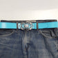 Genuine Leather belt w. Shiny Silver Oval Floral Buckle: Blue
