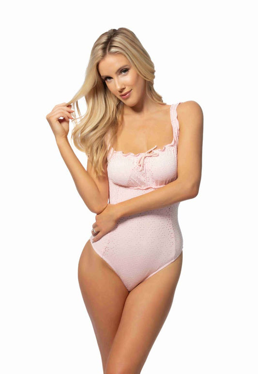 623133-SOLID EYELET ONE PIECE RUFFLE TRIM SWIMSUIT