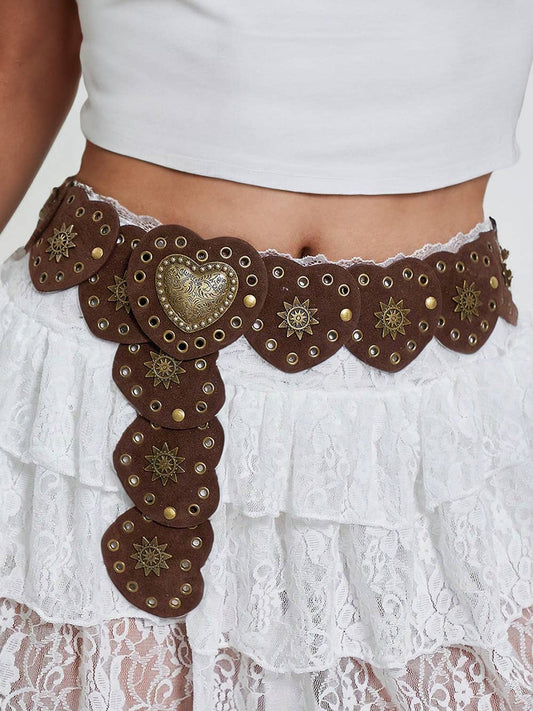 Bohemian Vintage Bronze Detail Heart Connected PU Belt: