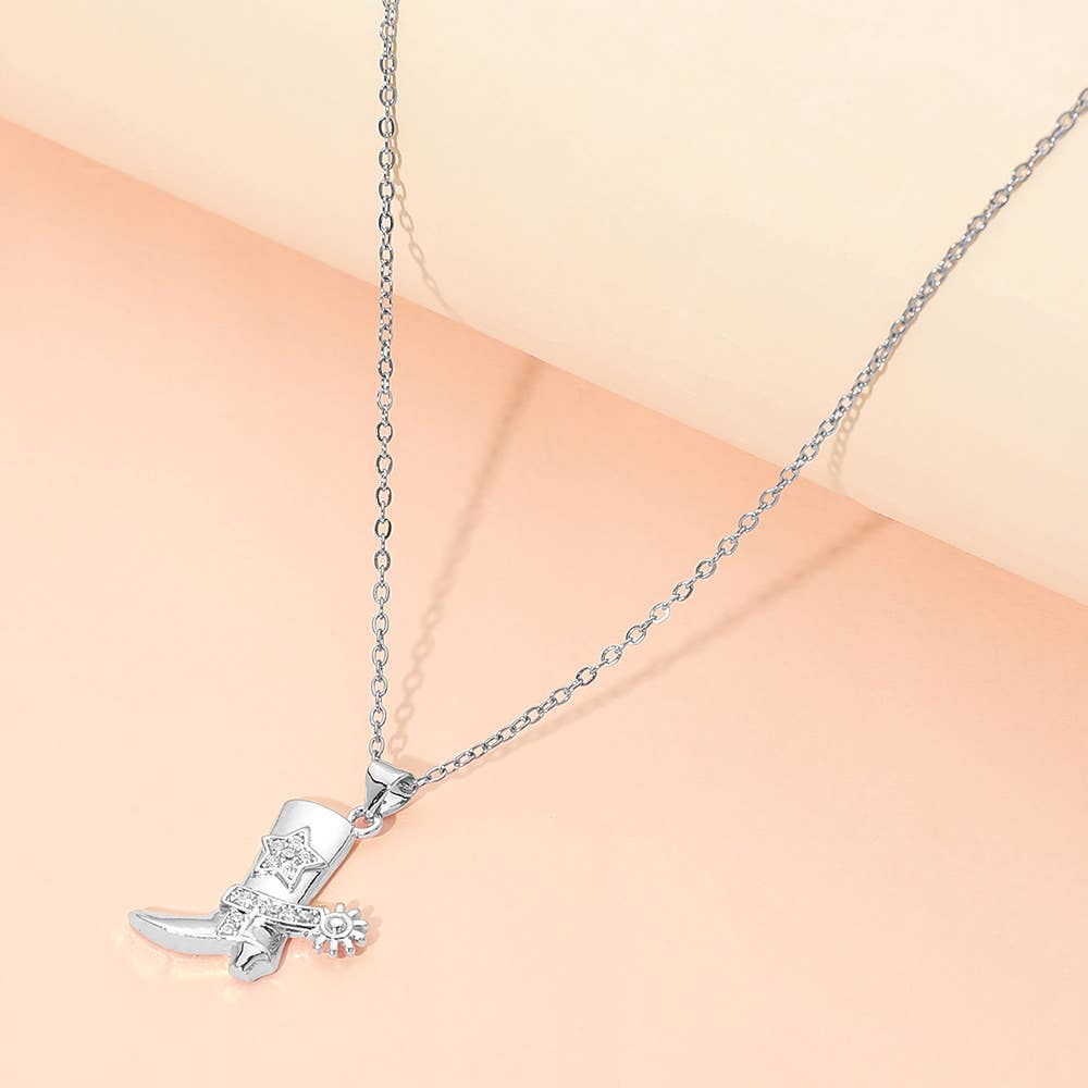 Stainless Steel CZ Stone Paved Star Accent Cowboy Boot Charm Pendant Necklace: Gold