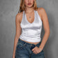 JAQUELYN V-Neck Lace Trim Slim Fit Satin Halter Top