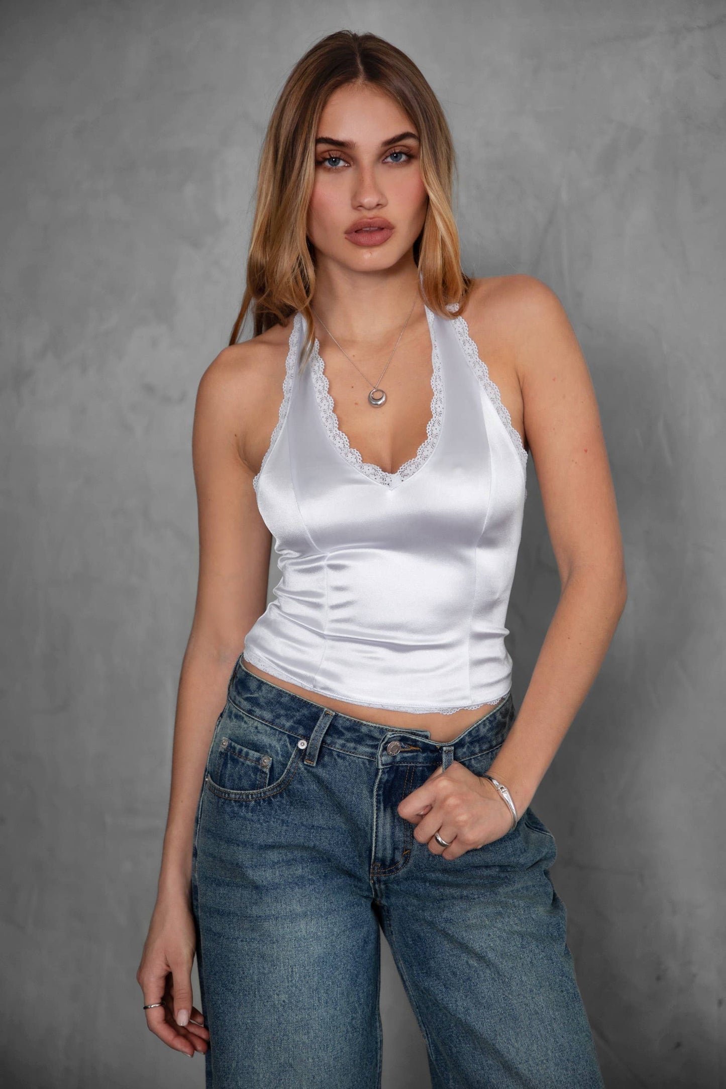 JAQUELYN V-Neck Lace Trim Slim Fit Satin Halter Top