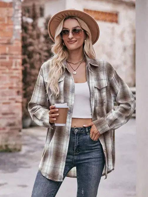 Caramel Plaid Oversized Flannel Button Down Shirt