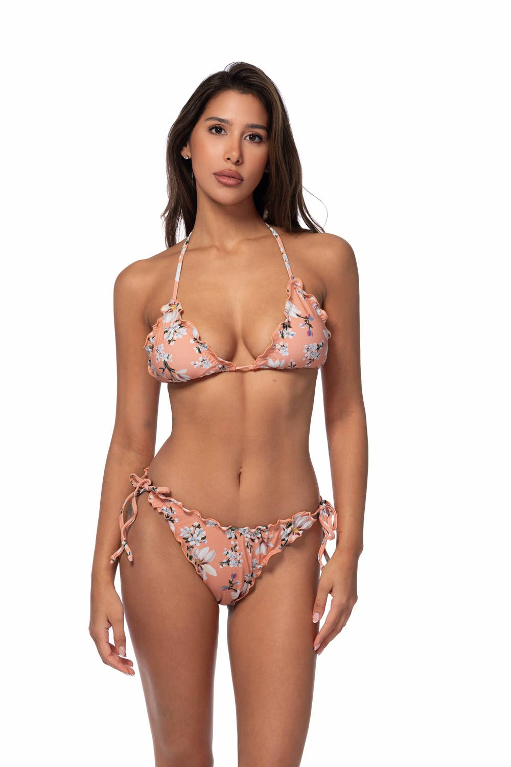 P1941-RUFFLED TRIM PRINTED TRIANGLE BIKINI SET