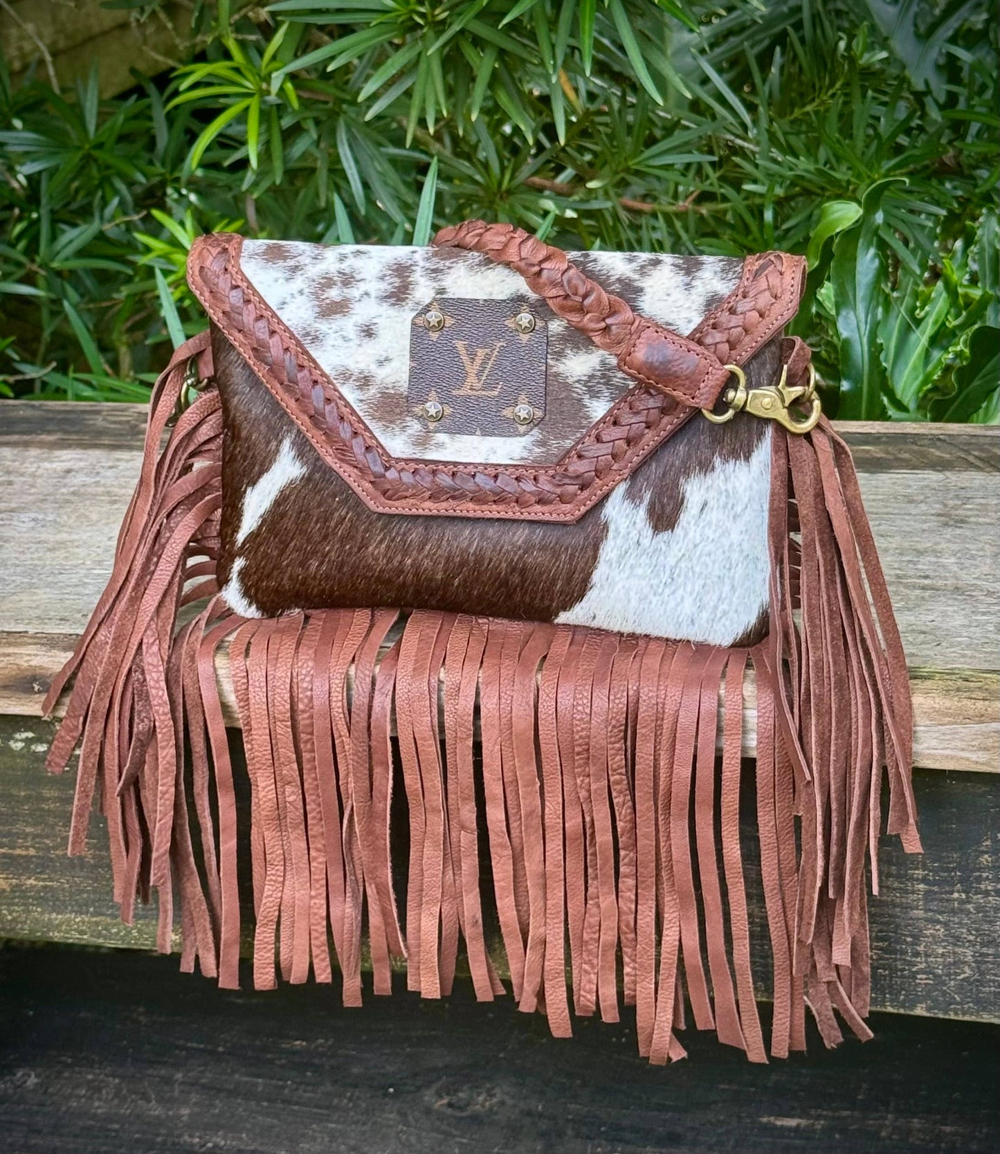Upcycled LV Cowhide Leather Fringe Crossbody Western Rodeo