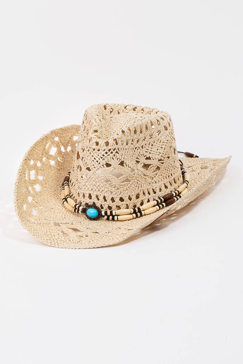 Straw Braided Beaded Strap Cowboy Hat: IV