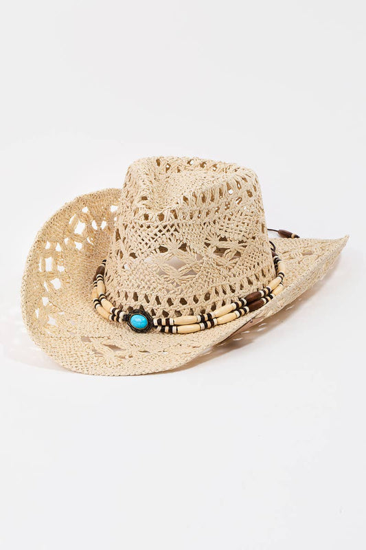 Straw Braided Beaded Strap Cowboy Hat: IV