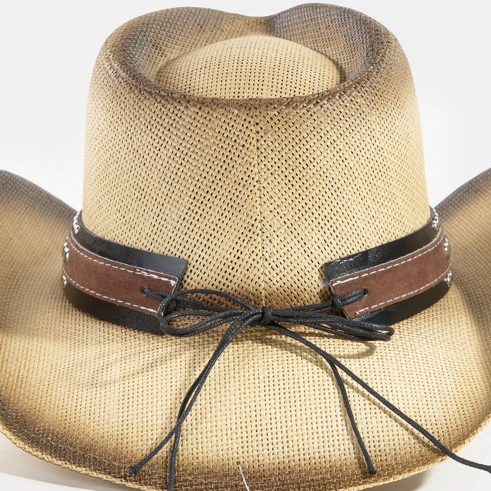 Western Long Horn Studded Strap Straw Cowboy Hat: KA