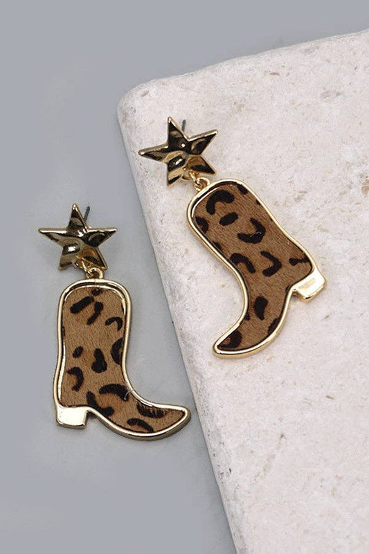 ANIMAL LEATHER BOOTS STAR POST EARRINGS | 10E3060201: LEOPARD