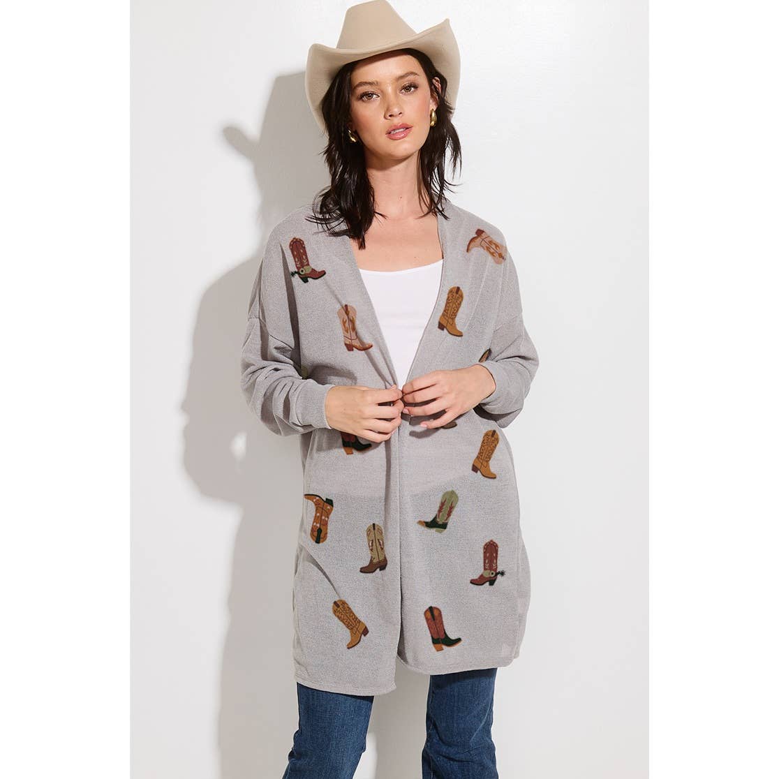 Cowgirl boots print Knit casual style Cardigan