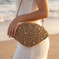 Pearl Beaded Straw Crochet Shell Bag